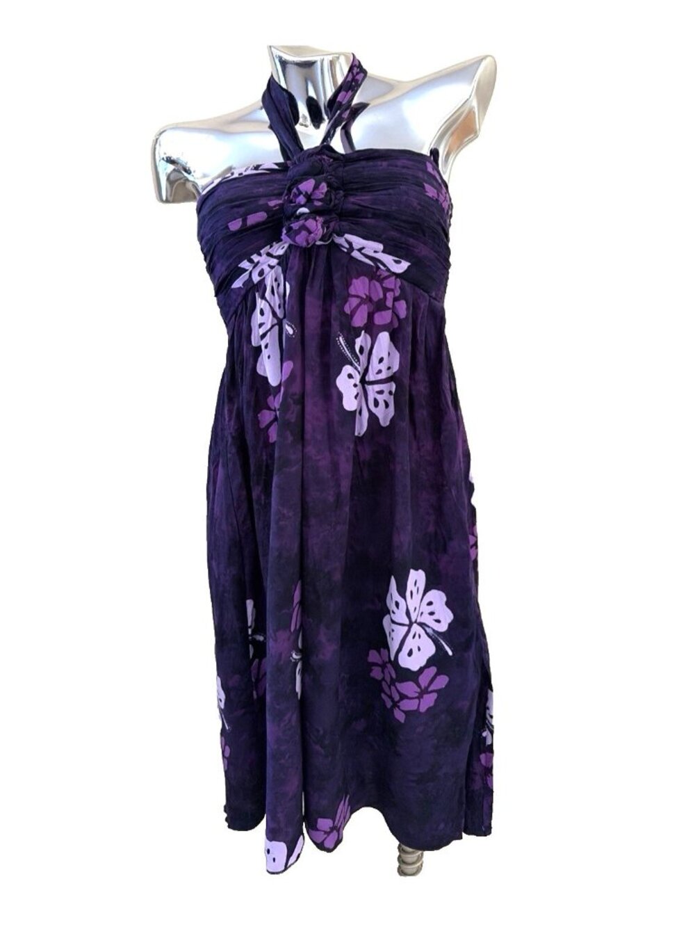 Hula Hula Hawaii Blue Tie Neck Halter Dress One Size Purple Hibiscus Tiki Island